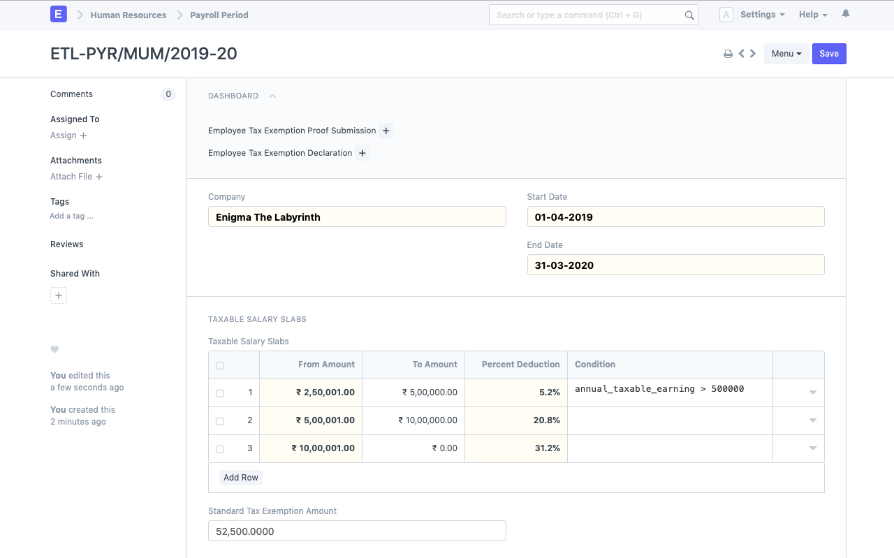 Payroll Period & Tax Slabs